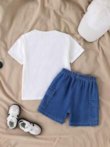 Toddler Boys' Summer 2-Piece Set,Simple White Round Neck Short Sleeve T-Shirt & Casual Denim Cargo Shorts,Versatile Outfit For Kindergarten & Outing - White - View 2