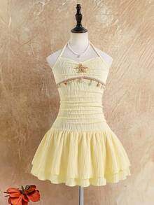 Sparklyn Tween Girls Starfish & Shell Decor Halter Neck Dress - Apricot - View 3