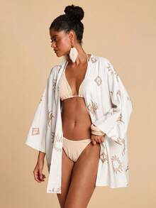 Travachic Women's Vacation Plant Pattern Loose Fit Long Sleeve Kimono Cover Up - White - View 6
