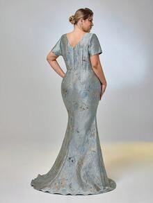 Serin Đầm dáng ôm, sang trọng, màu đen jacquard satin, cổ vuông, tay ngắn, xếp ly, chân váy đuôi cá, thích hợp cho tiệc tối, dạ hội, đám cưới, kỳ nghỉ, mẹ cô dâu, khách mời. - màu đen - Xem 8