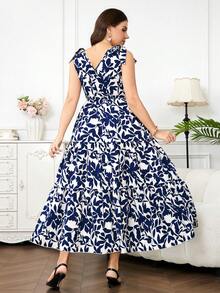 Reflora Plus Size Floral Print V-Neck Ruffle Hem Sleeveless Dress - Multicolor - View 2