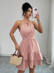 2026 Flora Isola Vestido mini ajustado y acampanado sin mangas con lazo elegante y cuentas para mujer, color caqui, primavera/verano - Rosa Pálido - Ver 5