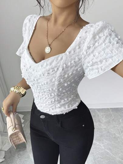 Elenzga Women's White Jacquard Tie Back Blouse, Suitable For Dates, Casual, Vacation, Beach, Minimalist Daily Wear, Holiday, Birthday, Wedding, New Summer Top, Gentle Style, Suitable For Office Wear