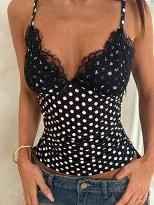 SHEIN ICON Contrast Lace Ruched Y2k Cami Top,Summer Top - Black and White - View 7