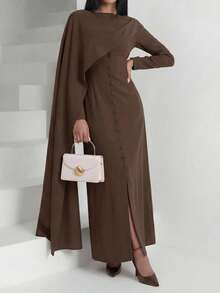Veilorie Gaun Elegan Wanita Lengan Panjang Kancing Tunggal dengan Desain Berlapis - Kopi - View 7