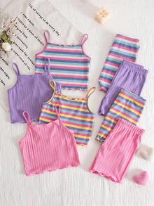 SHEIN 8pcs Young Girl Knitted Solid Striped Casual Camisole And Shorts Set - Multicolor - View 3