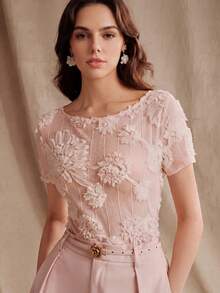 Anewsta Delicate French Style Pink 3D Floral Jacquard Short Sleeve Elegant T-Shirt For Women, Suitable For Dates And Commuting, Spring/Summer - Pink - View 6