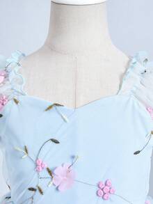 SHEIN Glamorique Kids 年轻女孩优雅迷人粉色可爱泡泡袖收腰奢华双层刺绣网纱蓬蓬裙正式礼服 - 藍色 - 查看 9