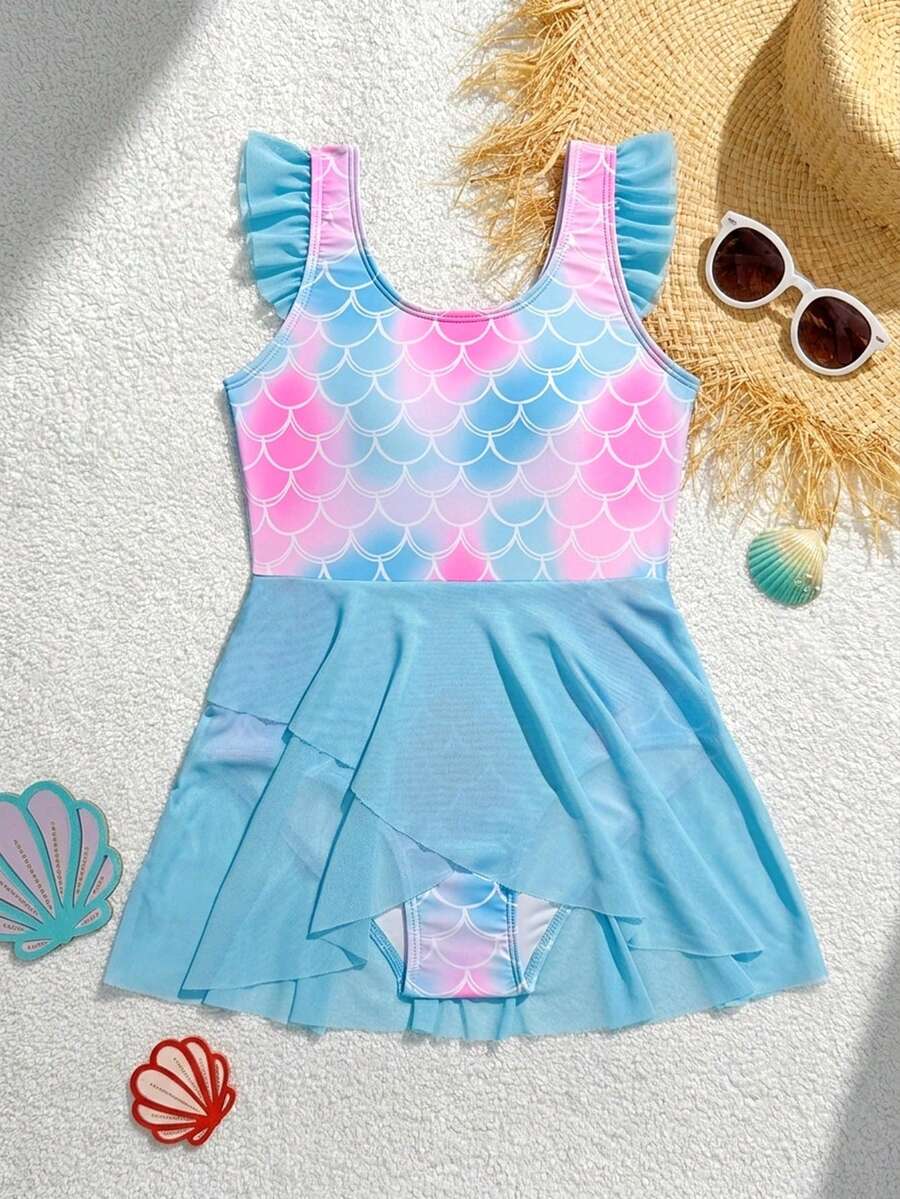 SHEIN Traje de baño de una pieza con volantes y estampado de escamas de pez para niña preadolescente, adecuado para nadar, vacaciones de verano, playa, piscina, fiesta - Multicolor - Ver 1