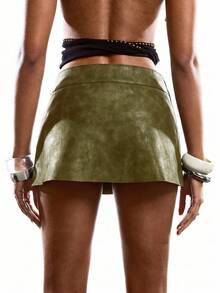 LYSMO Rok Mini Dekorasi Rivet Warna Hijau Zaitun Gaya Punk Minimalis Terbaru 2026, Rok Pesta, Gaya Retro - Olive Green - View 2