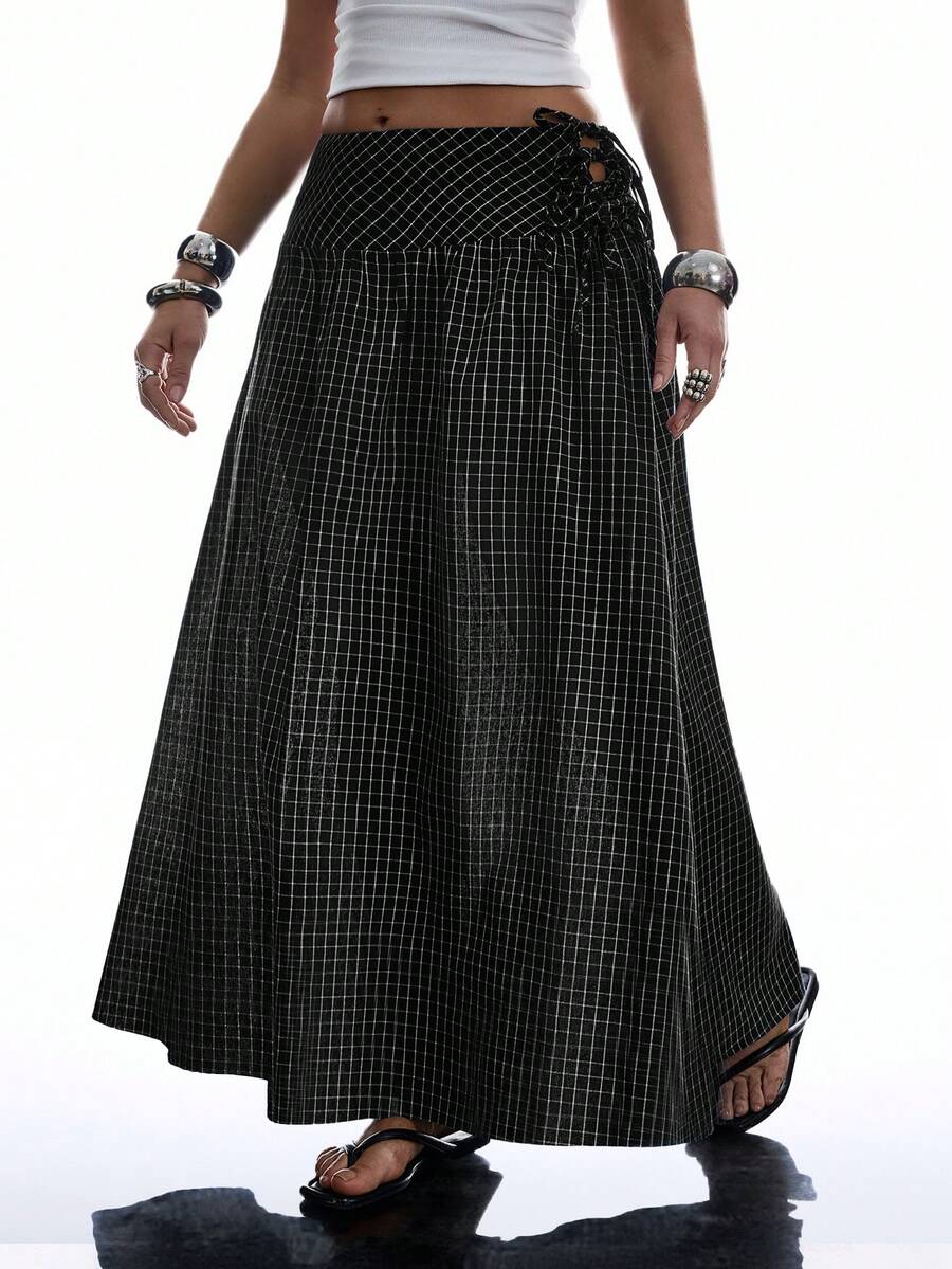 SHEIN EZwear 女款休閒極簡黑色格紋側綁帶長裙/長裙/格紋裙/格子裙/黑色裙 - 黑色 - 查看 1