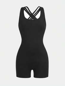SHEIN Tween Girls' Casual Sleeveless Cutout Back U-Neck One-Piece Sports Jumpsuit, Yoga Outfit For Spring/Summer - Multicolor - View 4