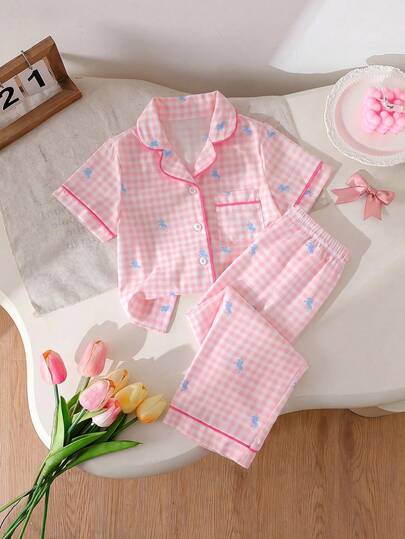 Young Girl Turndown Collar Open Front Plaid Horse Print Pajama Set, Whole Set With Multiple Ruffle Trim And Drawstring Decor In Powder Pink