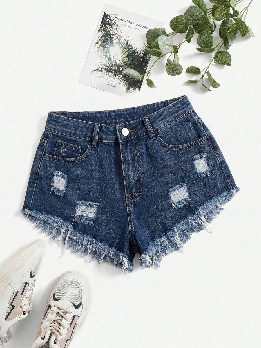 Plus Size Plain Simple Everyday Denim Shorts - Dark Wash - View 1