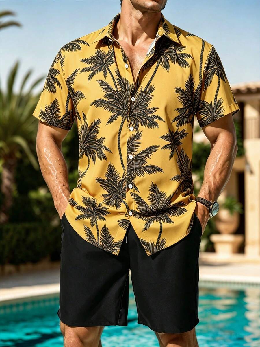 Manfinity RSRT Men's Summer Vacation Coconut Tree Print Button-Front Shirt And Shorts 2 Pieces Set, Holiday - Multicolor - View 1
