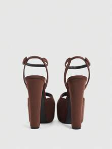 CUCCOO LuxiPop Women Shoes Outdoor Women's Round Toe Coarse High Heel Fleece Fabric Stylish, Simple, Breathable And Comfortable Daily Party Nightclub Banquet Buckle Solid Dew Heel Sandals, Nightclub Party Style, Suitable For Spring And Summer, Holiday Season 2000's Style, Holiday Atmosphere, Summer Wear, Travel Essential Summer Shoes - Brown - View 4