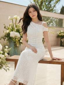 SHEIN Girls' Elegant High-End Lace Solid White Asymmetric Shoulder Dress, Suitable For Graduation Season, Wedding Season, Summer & Spring - White - View 1