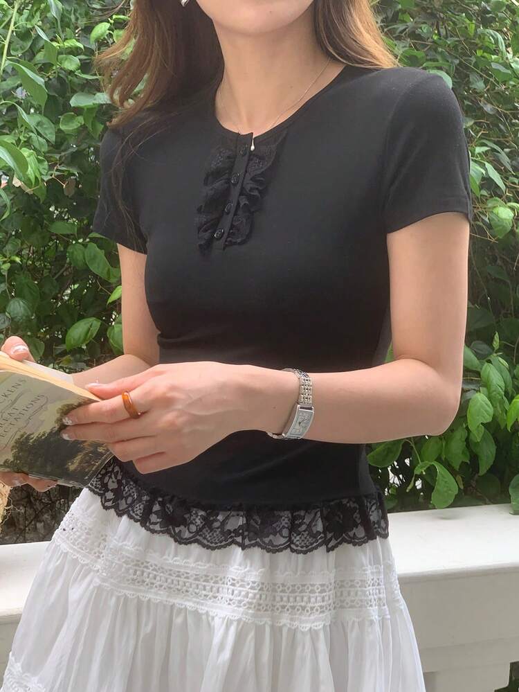 Women's Solid Color Contrast Lace Ruffle Hem Short Sleeve T-Shirt