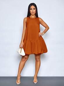 SOLERSUN Women's Elegant Scoop Neck Chic Ruffled Hem Summer Party Outfit Puffball Mini Dress - Rust Brown - View 7