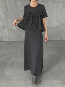 FRIFUL Women's 2-Piece Set, Loose Fit Round Neck Short Sleeve, Tie Bow Knot Ruched Frill Trim Summer - Dark Grey - View 3