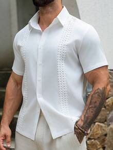 VENTUSAIL 男士休閒白色夏季短袖襯衫，風 Guayabera 風格蕾絲襯衫，附壓褶細節，度假假期婚禮復古上衣 - 白色 - 查看 5