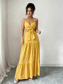 Rafferiza Đầm dài thanh lịch thắt nơ rỗng dành cho nữ - Màu vàng - Xem 6