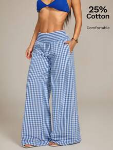 SHEIN PETITE Women's Casual Daily Drawstring Waist Plaid Wide Leg Pants - Blue and White - View 5