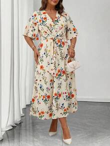 Auvina Vestido maxi de línea A con cuello en V, volantes y mangas cortas, con cintura anudada, para uso diario, talla grande - Multicolor - Ver 5