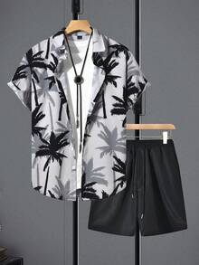 Manfinity RSRT 男士休闲椰树印花衬衫短裤套装，度假装，假日装 - 彩色 - 查看 3