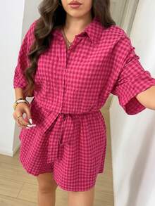 SHEIN LUNE 夏季大码休闲格子连体裤 - 彩色 - 查看 4