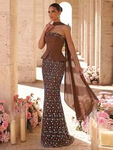 Glamrae Đầm maxi sang trọng, thanh lịch với chất liệu ren và satin đính hạt, kiểu dáng gợi cảm không dây vai và cổ yếm, phù hợp cho đám cưới, tiệc tùng, dạ hội, tiệc chiêu đãi (được trang trí cầu kỳ). - Cà phê nâu - Xem 7