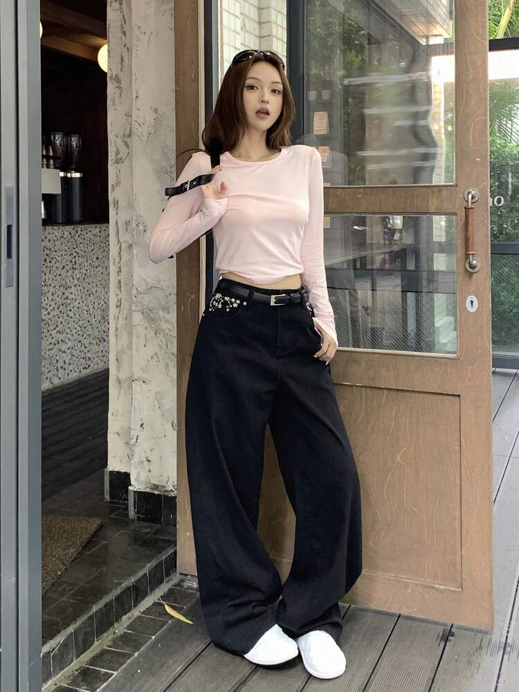 Women's Fashion Floral Print Pocket Zipper Loose Denim Jeans