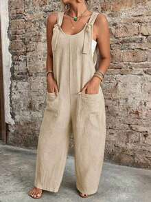 EMERY ROSE Plus Size Casual Fashion Strap Jumpsuit, Solid Color Loose Wide Leg Bib Overall Jumpsuit With Large Pockets - Apricot - View 1