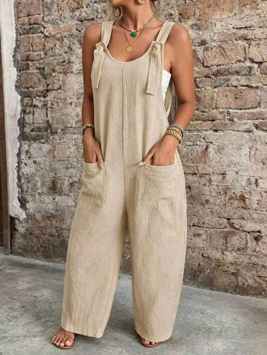 EMERY ROSE Plus Size Casual Fashion Strap Jumpsuit, Solid Color Loose Wide Leg Bib Overall Jumpsuit With Large Pockets - Apricot - View 1