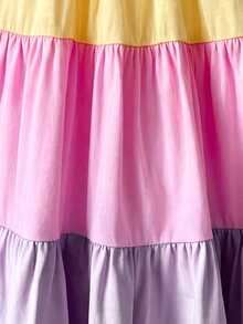 Young Girl Vacation Casual Street Chic Halter A-Line Color Block Splice Dress, Suitable For Vacation, Beach, Seaside - Multicolor - View 5