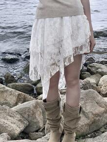 DAZY 女士弹力腰带蕾丝面料休闲迷你裙，夏季 - 白色 - 查看 4