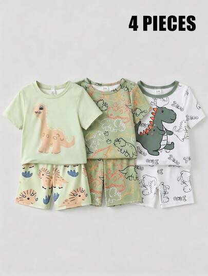 Conjunto de pijama de 4 piezas para niños pequeños con parte superior de manga corta y pantalones cortos con estampado de dinosaurios de dibujos animados, de punto elástico y casual