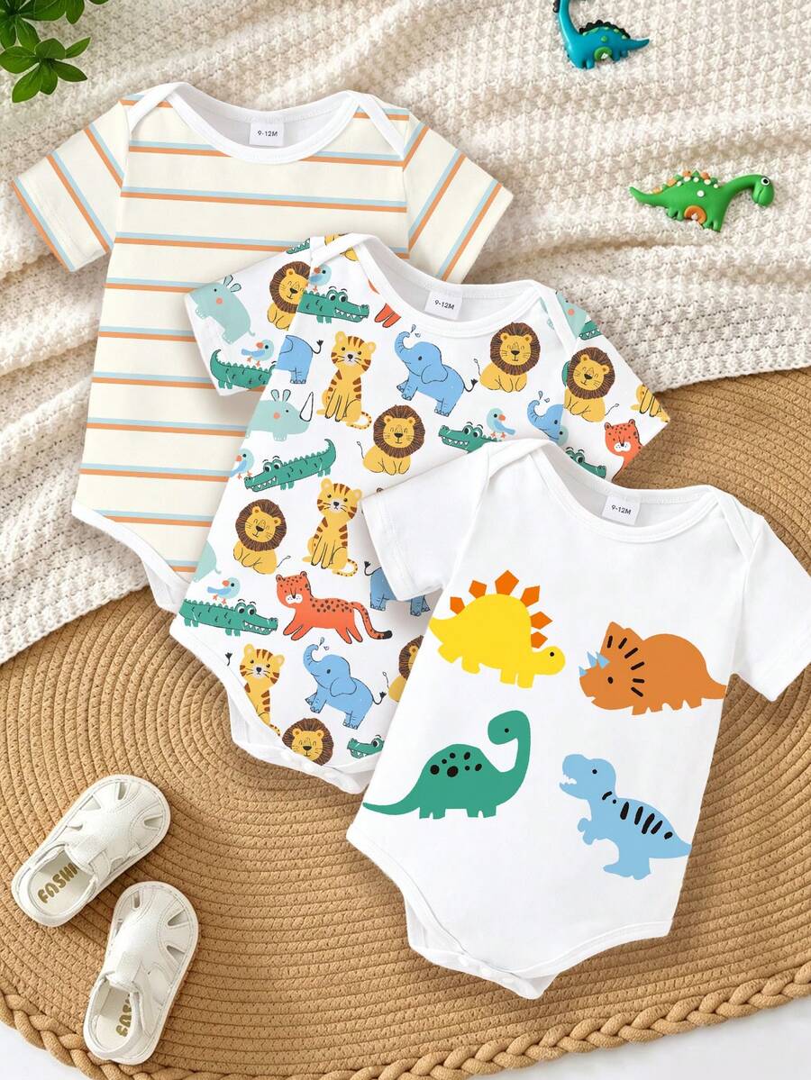 Set de 3 piezas de pelele para bebé niño con estampado de dinosaurio y animal a rayas, alegre y activo, adecuado para salidas en verano - Celeste - Ver 1