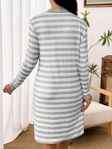SHEIN Maternity Contrast Lace Sleep Dress & Striped Print Belted Robe Lounge Set For Mother, Fall Winter Clothes - Multicolor - View 2