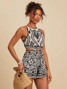 Travachic Bộ jumpsuit nữ phong cách Bohemian in hoa khoét eo, thích hợp cho kỳ nghỉ. - màu đen - Xem 6
