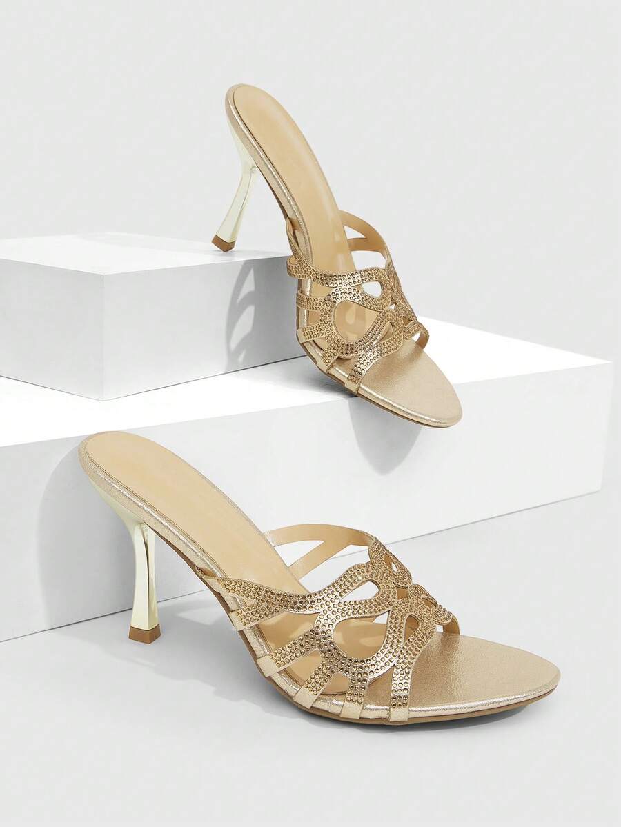 CUCCOO SZL Giày sandal nữ, mùa xuân hè, thiết kế rỗng đính đá, hở mũi, gót nhọn, thích hợp cho tiệc tùng, hộp đêm, sandal cao gót màu vàng nhạt. - Màu vàng nhạt - Xem 1