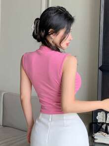 DAZY 女士夏季圆领休闲镂空修身短袖T恤 - 粉色 - 查看 6