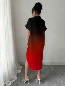SHEIN LUNE 夏季休闲渐变卡通印花纽扣连衣裙 - 紅色和黑色 - 查看 2
