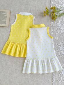 SHEIN Bộ 2 món váy mùa hè phong cách ngọt ngào cho bé gái, họa tiết chấm bi vàng dễ thương, cổ polo, không tay, gấu bèo nhún, chân váy đuôi cá, phong cách thường ngày thể thao đi dạo công viên - Màu vàng - Xem 3