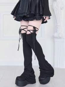 ROMWE Anime 1Pairy2k Millennium Spice Girls Punk Style Black Micro-Speaker Long Tube Stackable Socks Cover, With Strap Anti-Slip, Fashionable And Simple Versatile Women's Leg Cover, Suitable For Daily, Dating, Parties, Shopping And Other Matching Items - Black with straps - View 6