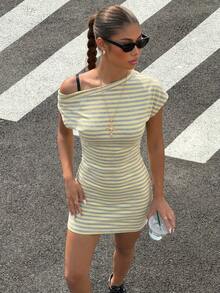Muchica Vestido de punto a rayas con hombros descubiertos amarillo para mujer, adecuado para salidas de verano, vacaciones y ocasiones casuales - Multicolor - Ver 4