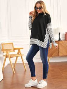MaterniWear Maternity Mock Neck Striped Colorblock Tee With Long Sleeve Fall - Black - View 4