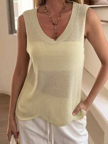 DAZY Blusa de punto sin mangas de unicolor minimalista, adecuada para primavera y verano - Albaricoque - Ver 3