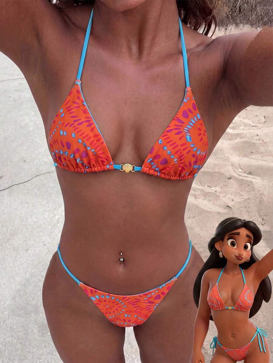 Bonvoyette Bộ bikini hai mảnh gợi cảm in họa tiết phối màu thời trang nữ 2026, trang trí vỏ sò kim loại, cổ yếm và lưng hở, thích hợp cho kỳ nghỉ biển và tiệc đêm trên bãi biển. - Nhiều màu - Xem 1