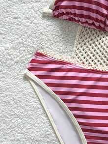 SHEIN Teen Girls Pink Summer Beach Holiday Spaghetti Strap Bikini Set,Contrast Color Two Pieces Bathing Suits,Minimalist Striped Swimwears Outfit - Hot Pink - View 4
